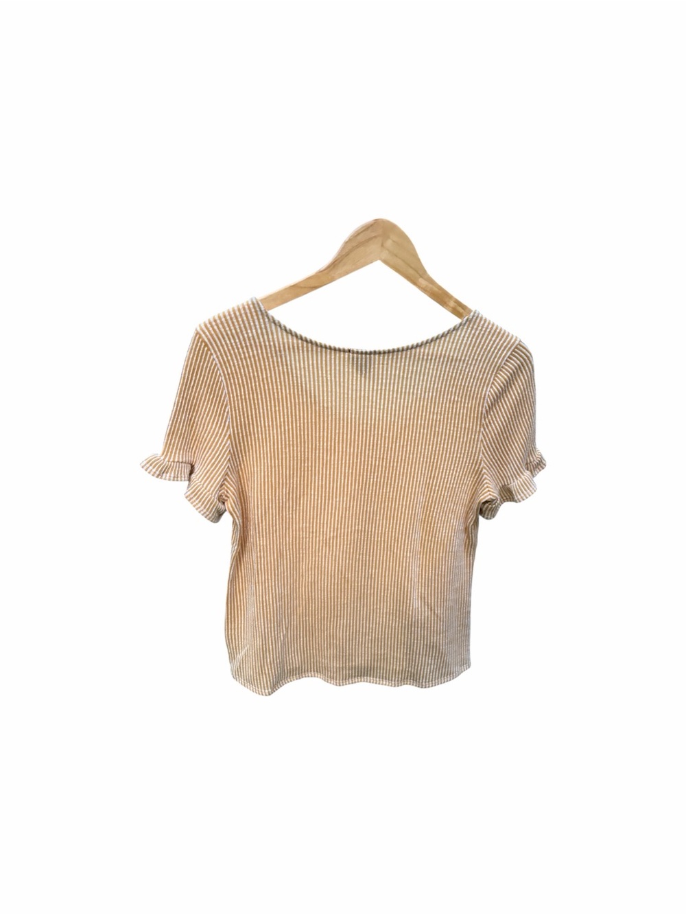 W5 Beige Striped Ruffle Sleeve Button-Front Top - Picture 3 of 5